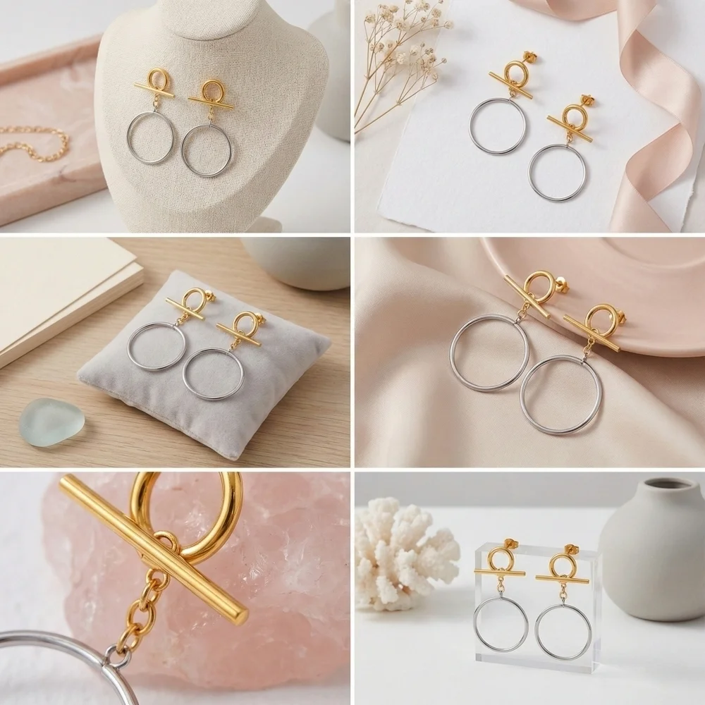 18k Gold Plated Stainless Steel Two Tone Convertible Toggle Hoop Drop Earrings